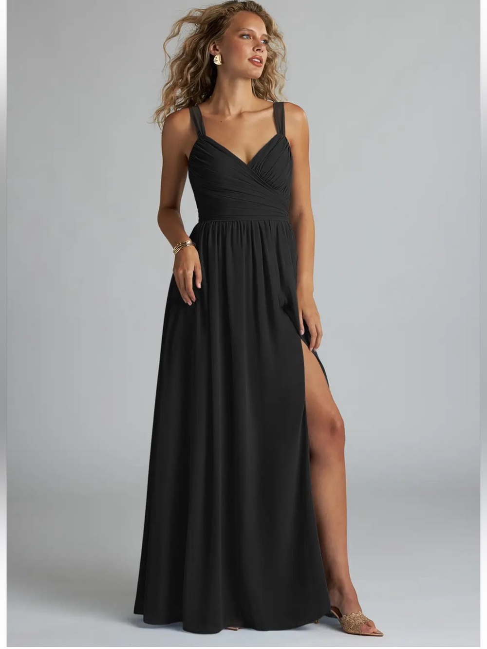 Azazie Black V-Neck Maxi Dress with Side Slit Chiffon